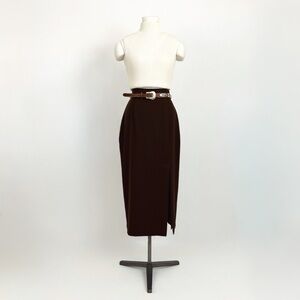 Vintage 80’s Pure Wool Split Hem Midi Skirt in Brown | Size XS/S